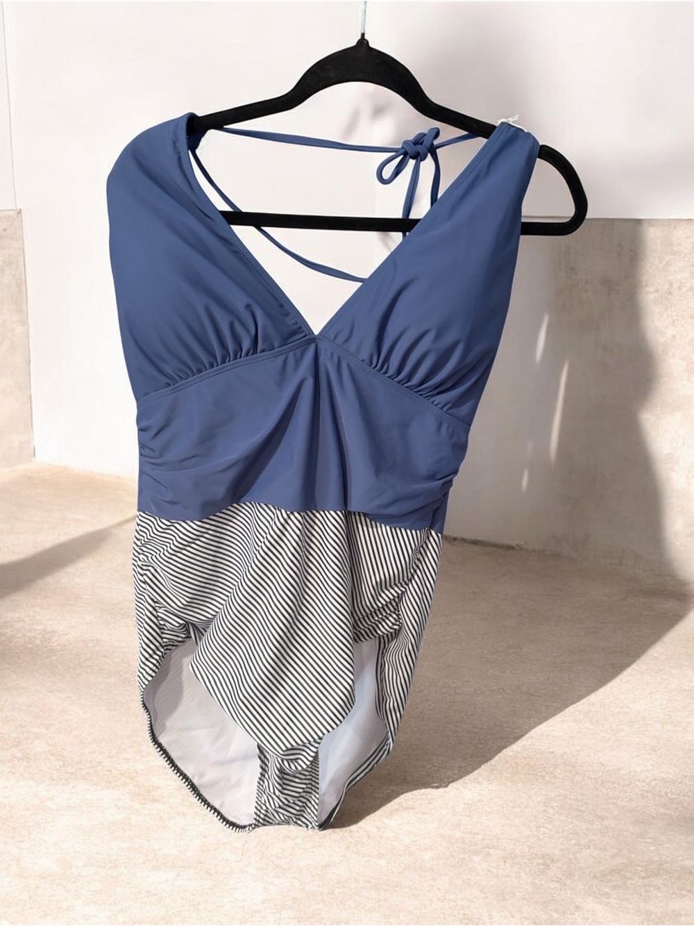 Blue V-Neck Strappy One-Piece Swimdress with Striped Skirt
